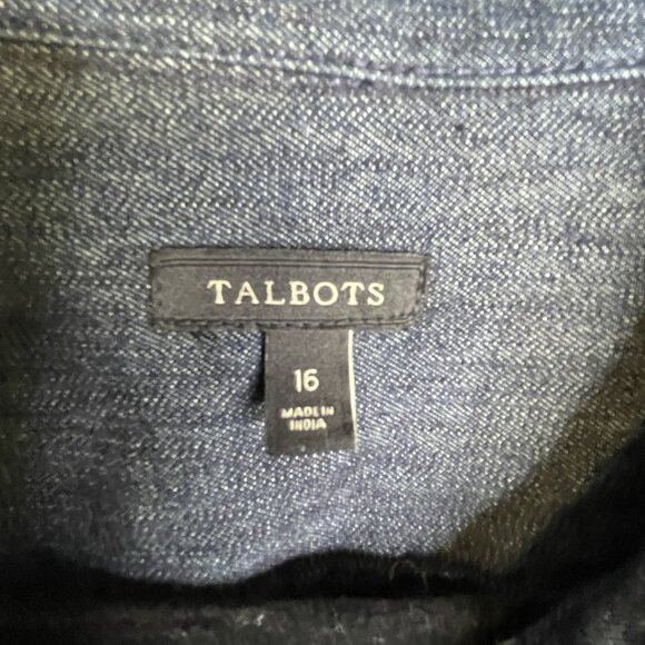 Talbots Dark Denim Shirt Size 16 Button Down Pockets Roll Tab Sleeve Cotton - Picture 9 of 12